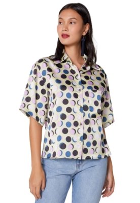 Camisa AMARO Ampla Manga Curta Polka Double Menor preço em Camisa AMARO Ampla Manga Curta Polka Double