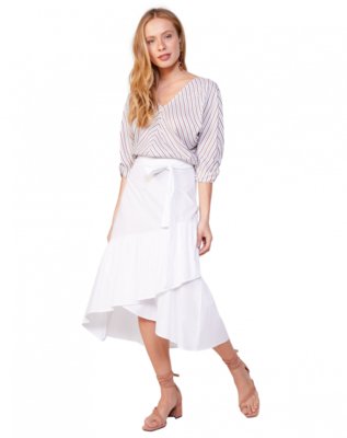 Saia AMARO Midi Tricoline Babados Off-White Menor preço em Saia AMARO Midi Tricoline Babados Off-White