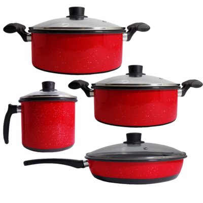 Conjunto de Panelas Esmaltadas, Caneco e Frigideira Vermelho de Agatha com 4 Tampas de Vidro Menor preço em Conjunto de Panelas Esmaltadas, Caneco e Frigideira Vermelho de Agatha com 4 Tampas de Vidro