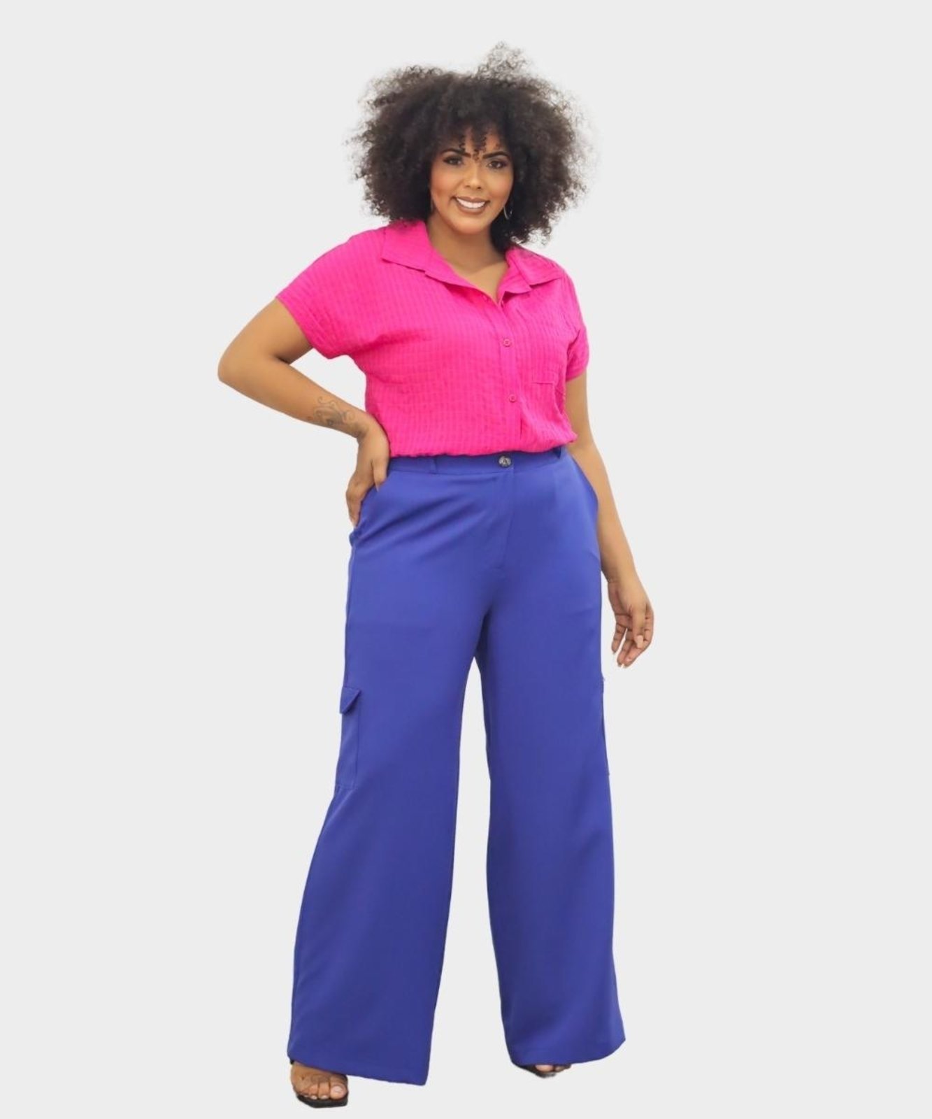 Calça Pantalona Plus SIZE Feminina Wide Leg Elástico na cintura com Bolso  Cintura Alta