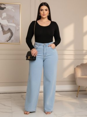 Calça Wide Leg Azul Clara Alpha Estilo Gringa Moda Fashioon