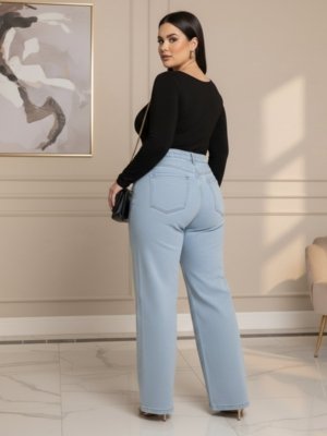 Calça Wide Leg Azul Clara Alpha Estilo Gringa Moda Fashioon