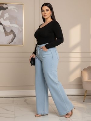 Calça Wide Leg Azul Clara Alpha Estilo Gringa Moda Fashioon