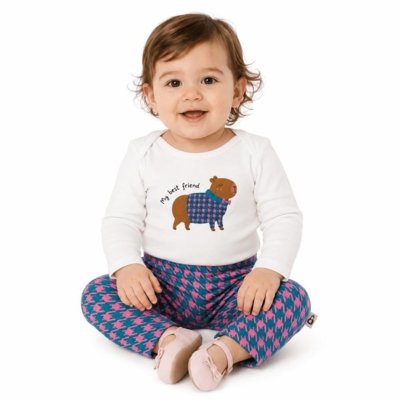 Conjunto Bebê Menina Capivara Cool Alphabeto Rosa e Verde Off-white