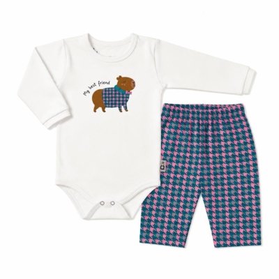 Conjunto Bebê Menina Capivara Cool Alphabeto Rosa e Verde Off-white