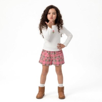Conjunto Infantil Menina Xadrez Collors Alphabeto Off e Rosa Off-white