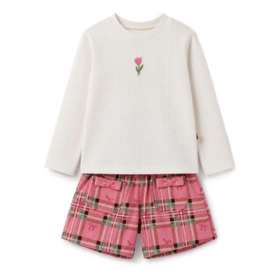 Conjunto Infantil Menina Xadrez Collors Alphabeto Off e Rosa Off-white