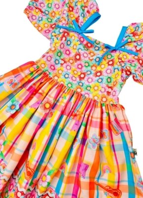Vestido Infantil Floral Festa Junina Alphabeto Rosa e Azul Rosa