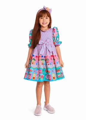 Vestido Infantil Xadrez Festa Junina Alphabeto Rosa e Azul Rosa