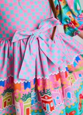 Vestido Infantil Xadrez Festa Junina Alphabeto Rosa e Azul Rosa