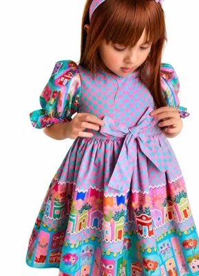 Vestido Infantil Xadrez Festa Junina Alphabeto Rosa e Azul Rosa
