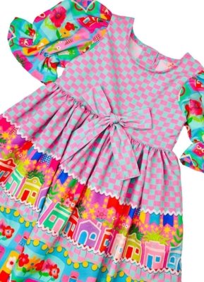 Vestido Infantil Xadrez Festa Junina Alphabeto Rosa e Azul Rosa