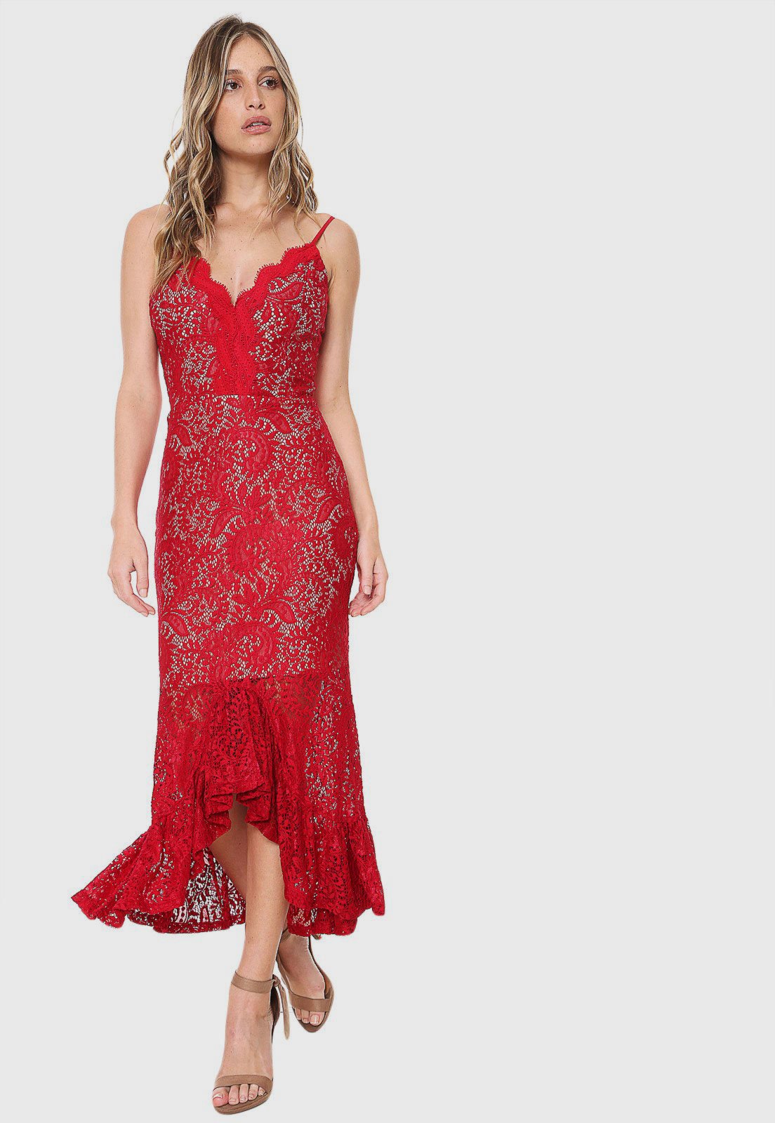 vestido midi renda vermelho