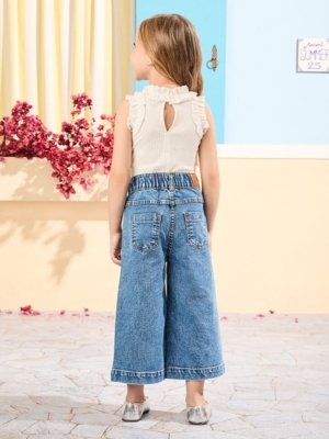 Calça Animê Menina Azul Jeans com Bordado de Rococó