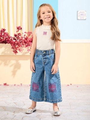 Calça Animê Menina Azul Jeans com Bordado de Rococó