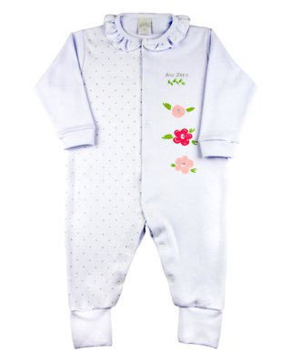 Macacão Bebê Suedine Ano Zero Bolinhas e Flores Branco Menor preço em Macacão Bebê Suedine Ano Zero Bolinhas e Flores Branco