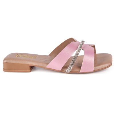 Sandália Rasteira Feminina Rasteira Dourada Metalizada com Strass SS002 - Rosa
