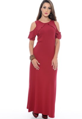 Vestido B'Bonnie Longo Ombro Vazado E Babado Letícia Bordô - Compre ...