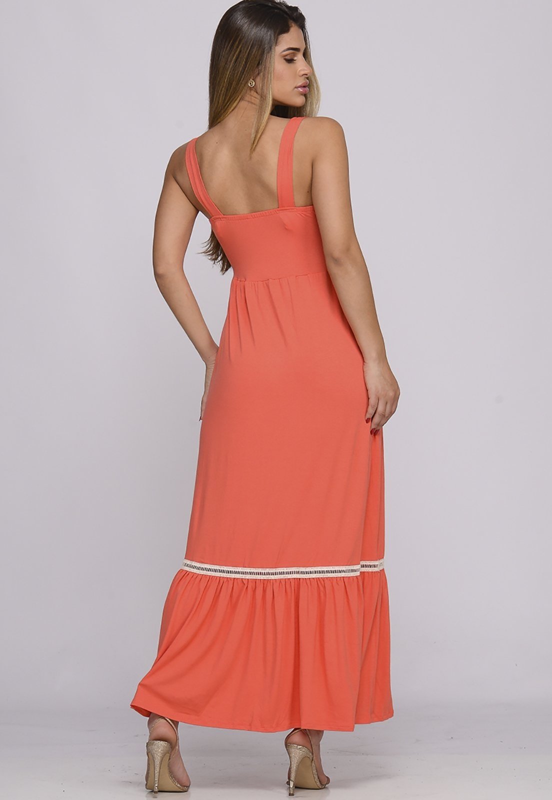 Vestido Longo Alça Barra Guipir Com Bojo B’Bonnie Sarah Coral - Compre ...