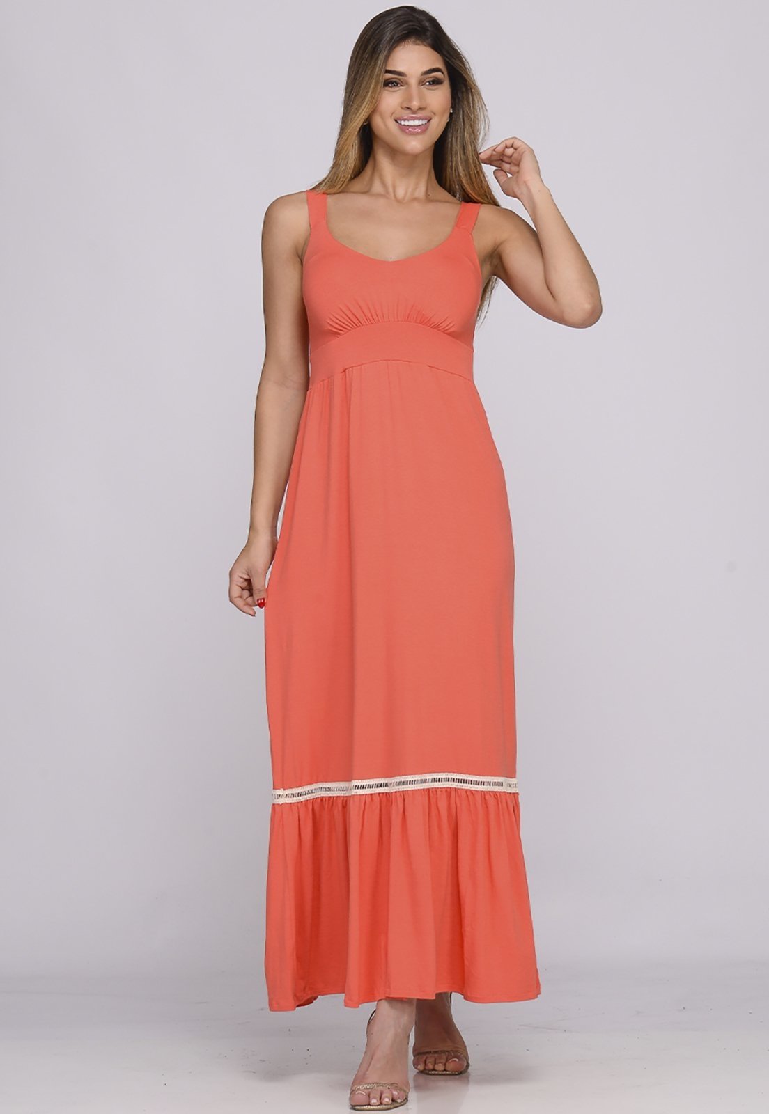 Vestido Longo Alça Barra Guipir Com Bojo B’Bonnie Sarah Coral - Compre ...