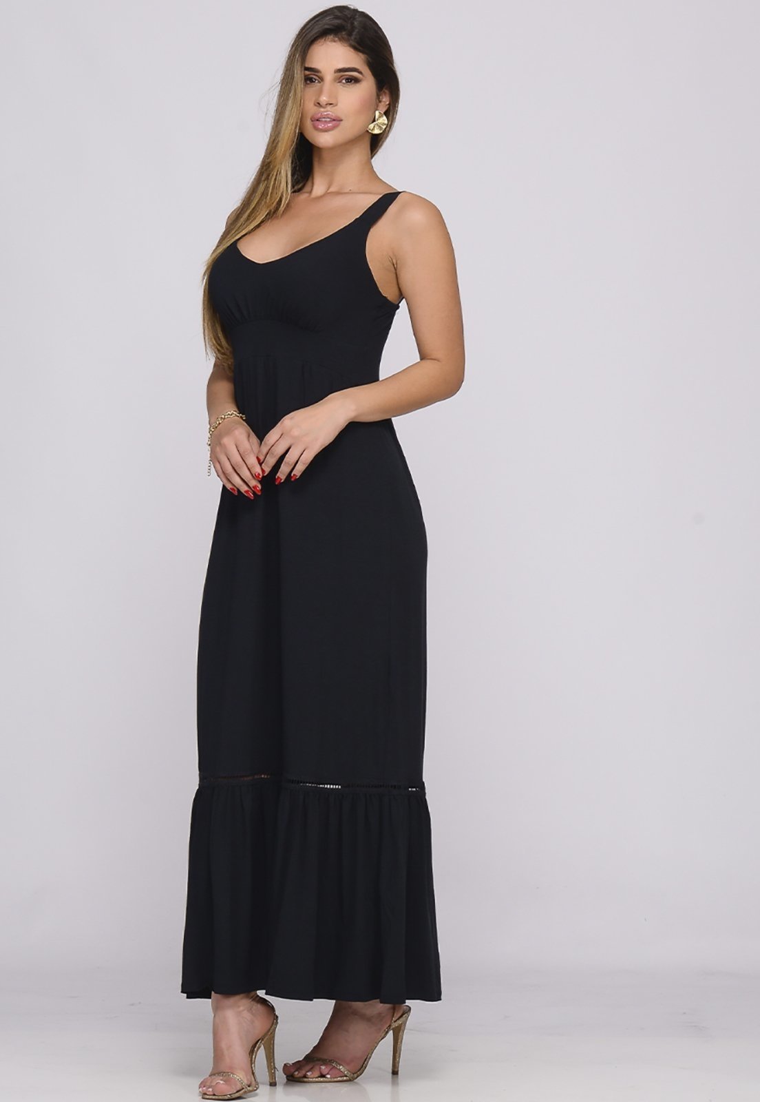 Vestido Longo Alça Barra Guipir Com Bojo B’Bonnie Sarah Preto - Compre ...