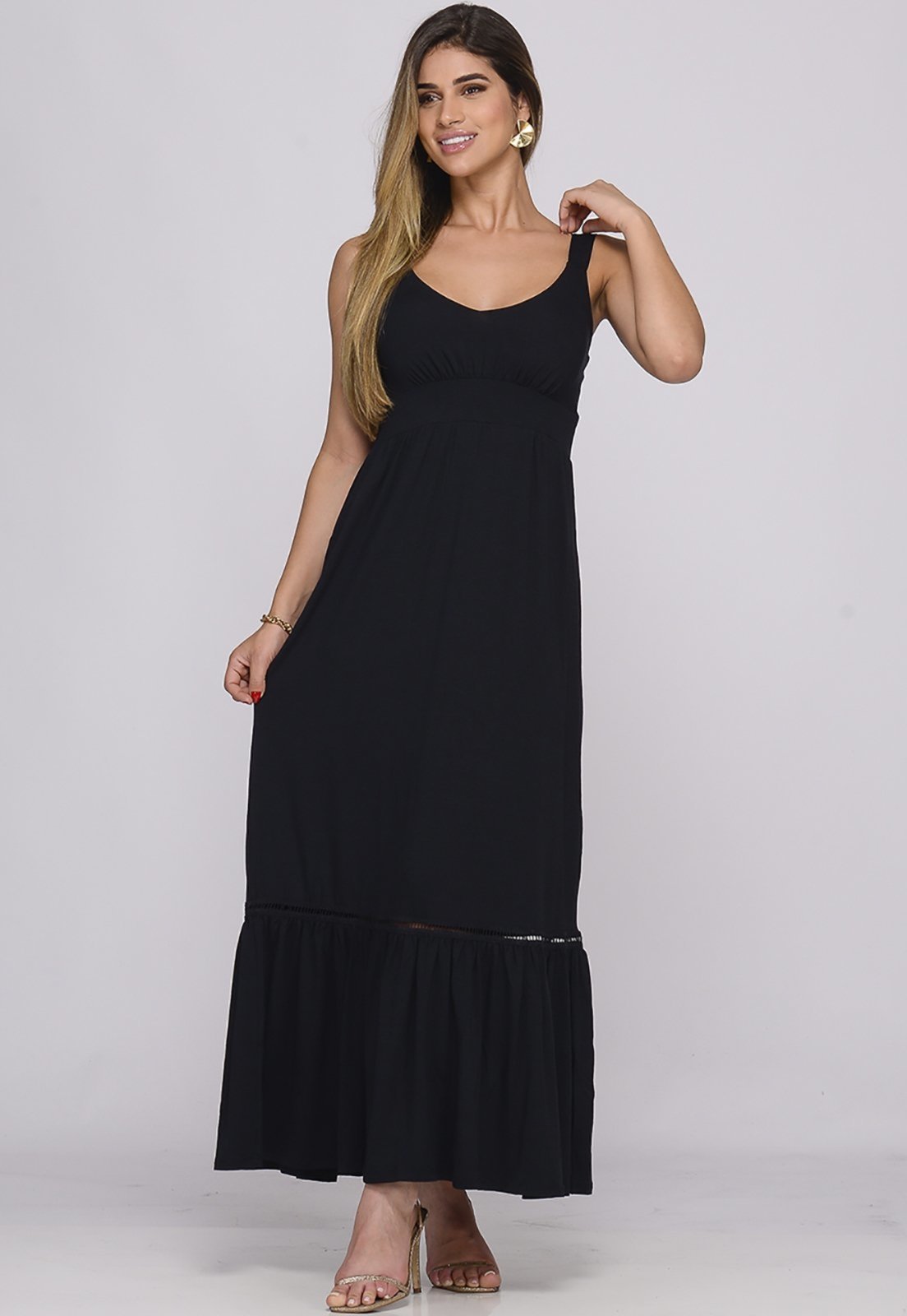 Vestido Longo Alça Barra Guipir Com Bojo B’Bonnie Sarah Preto - Compre ...