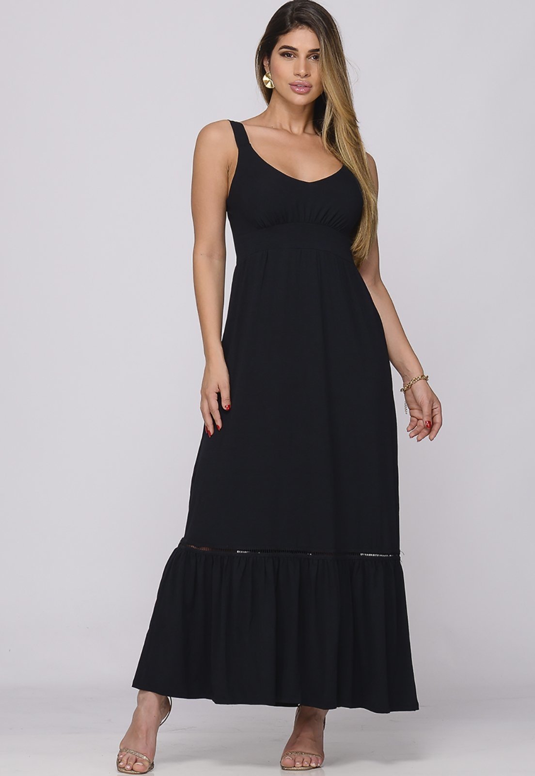 Vestido Longo Alça Barra Guipir Com Bojo B’Bonnie Sarah Preto - Compre ...