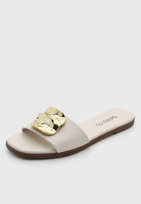 Rasteira Feminina Beira Rio Aberta Detalhe Dourado Off-white