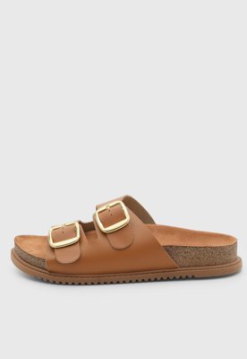 Rasteira Feminina Beira Rio Slide Tiras Fivela Caramelo