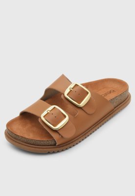 Rasteira Feminina Beira Rio Slide Tiras Fivela Caramelo