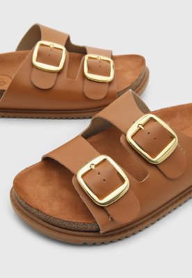 Rasteira Feminina Beira Rio Slide Tiras Fivela Caramelo