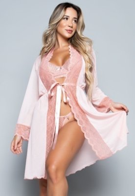 Robe Feminino Tule com Renda e Conjunto Lingerie Milaide Bella Fiore Modas Rosê