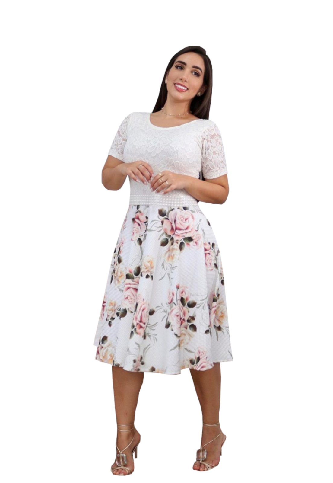 vestidos elegante floral midi de manga curta