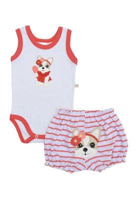 Menor preço em Conjunto Body Regata e Shorts Best Club Baby Branco e Vermelho com Bordado Cachorro