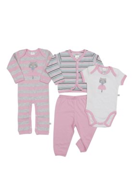 Kit 4 peças body, calça, casaco e minhocão Best Club Baby creme, cinza claro e rosa bordado gato Menor preço em Kit 4 peças body, calça, casaco e minhocão Best Club Baby creme, cinza claro e rosa bordado gato