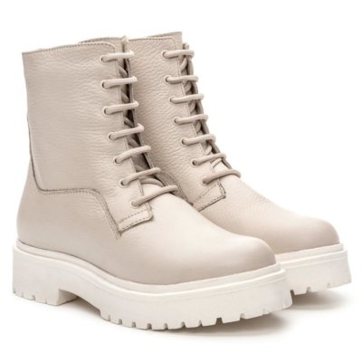 Bota Feminina Coturno Couro Tratorada Cadar O Moderna Casual Off White