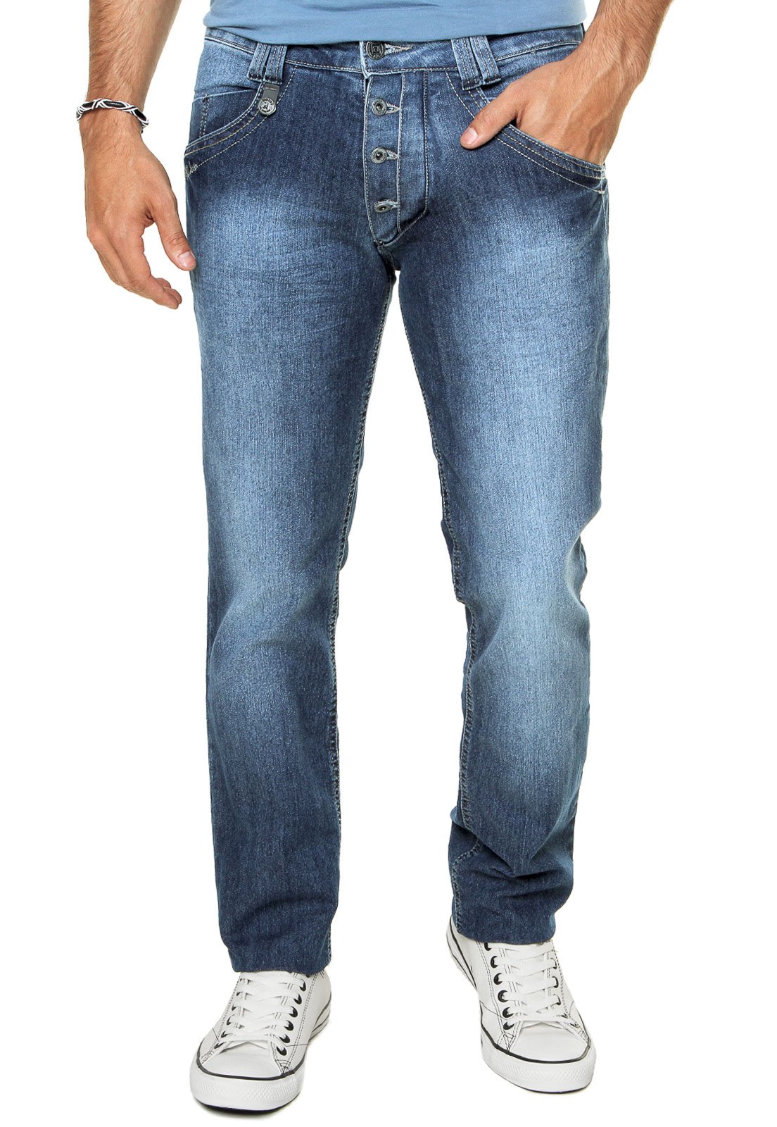 calça jeans masculina com botões na frente