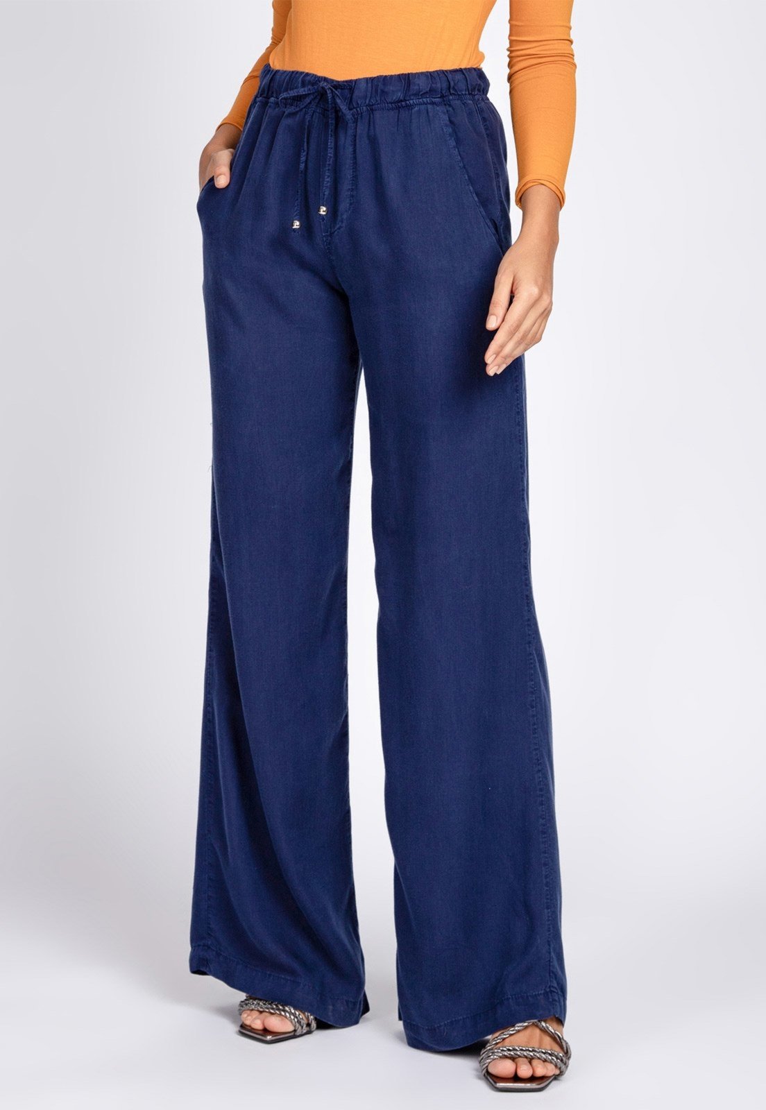 Calça Pantalona Feminina Elástico Na Cintura Com Bolso Cintura Alta Tecido  Viscose Azul Claro - emporioalex