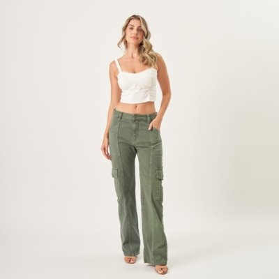 Calça Jeans Wide Recortes Cargo