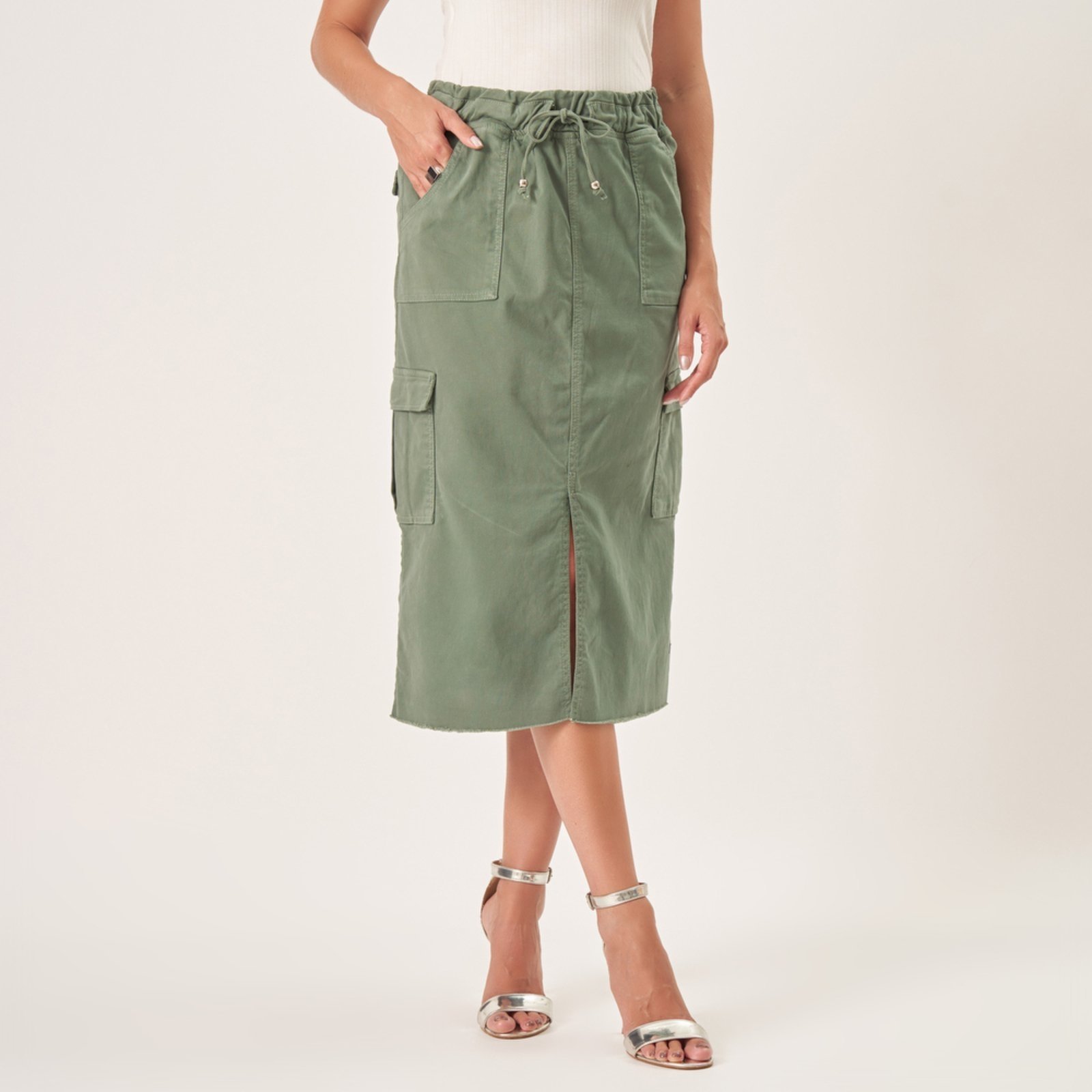 Saia Midi Jeans Color Confort Cargo Verde Relva - Compre Agora