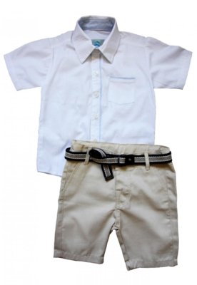 Conjunto Blue Kids Camisa Social Infantil Manga Curta Branca Com Bermuda Bege E Cinto Menor preço em Conjunto Blue Kids Camisa Social Infantil Manga Curta Branca Com Bermuda Bege E Cinto