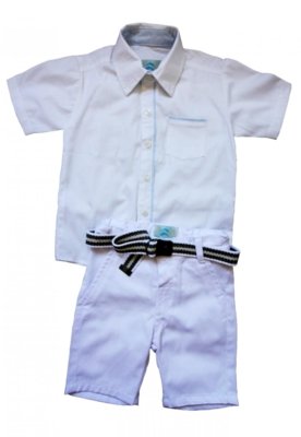 Conjunto Blue Kids Camisa Social Infantil Manga Curta Branca Com Bermuda Branca E Cinto Menor preço em Conjunto Blue Kids Camisa Social Infantil Manga Curta Branca Com Bermuda Branca E Cinto