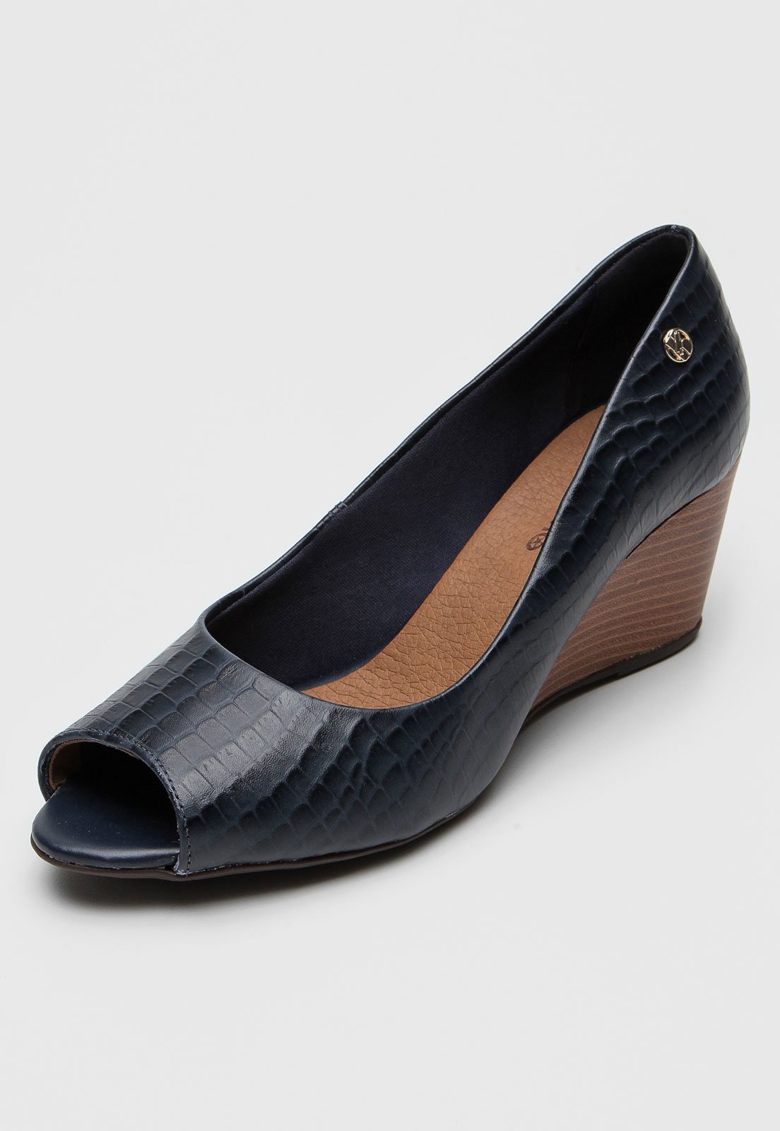 Peep Toe Couro Shoestock Anabela - Marinho