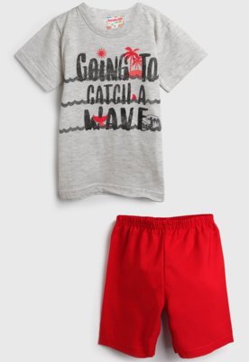 Conjunto 2pçs Brandili Curto Menino Escrita Cinza/Vermelho Menor preço em Conjunto 2pçs Brandili Curto Menino Escrita Cinza/Vermelho