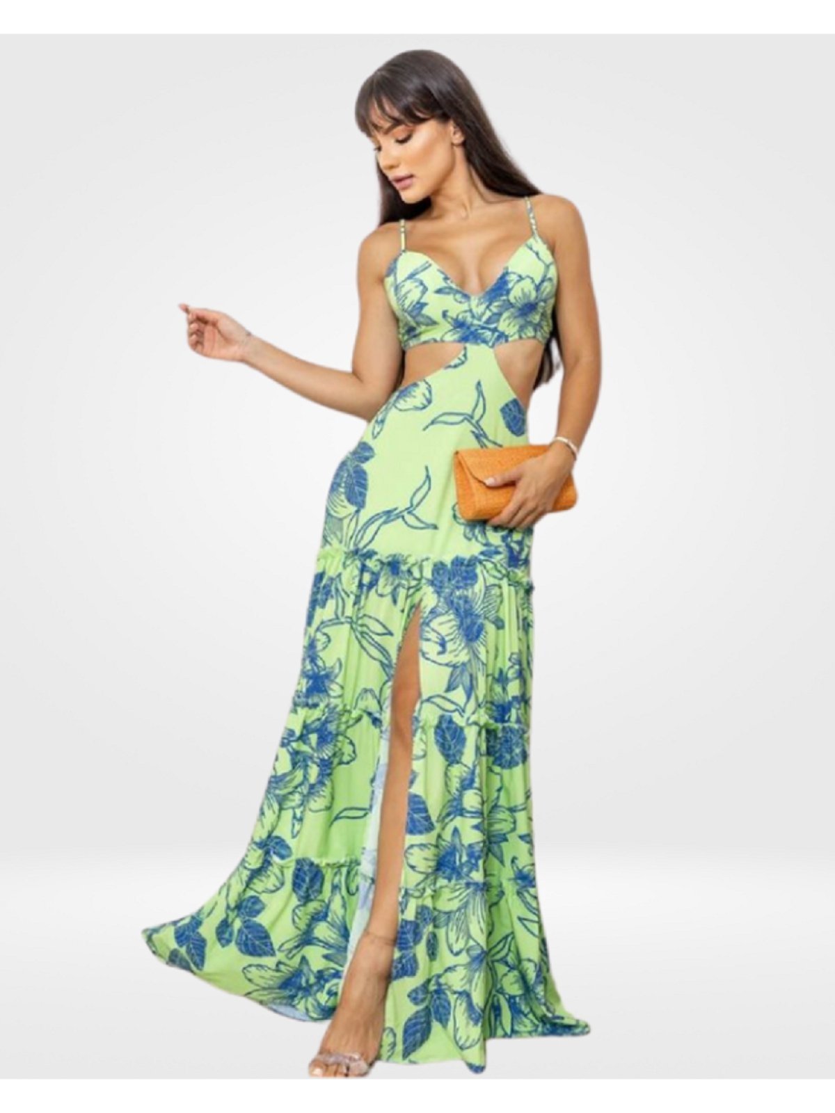 Vestido Alcinha Longo Com Estampa Floral Primavera Verao Com Decote e  Recortes Laterais Fenda Frontal Vestido Chique Festa Casamento Formatura  Praia Tecido Leve Fluido Decotado - Compre Agora