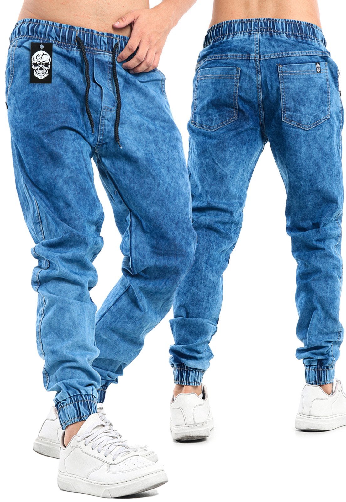 Calça Jogger Masculina Jeans Elástico Punho Azul Escuro - Compre