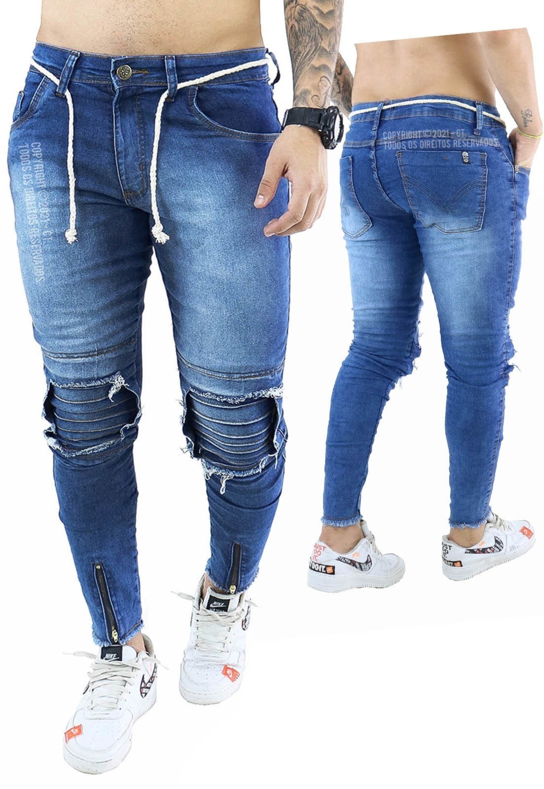 calça jeans com ziper na perna masculina