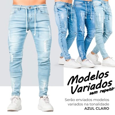 Calça Jeans Masculina Azul Claro Rasgado