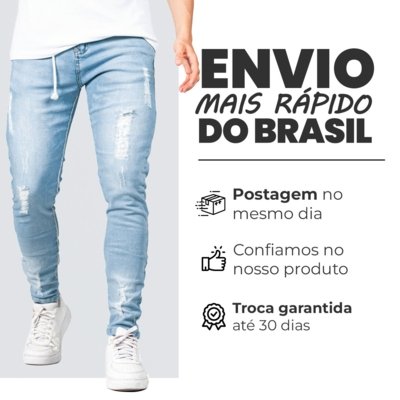 Calça Jeans Masculina Azul Claro Rasgado