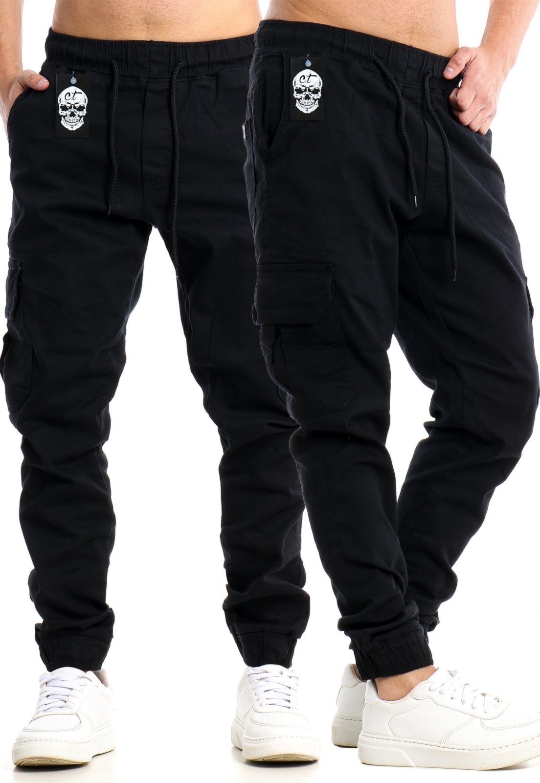 Calça Jogger Cargo Skinny Masculina Elástico Punho Preto